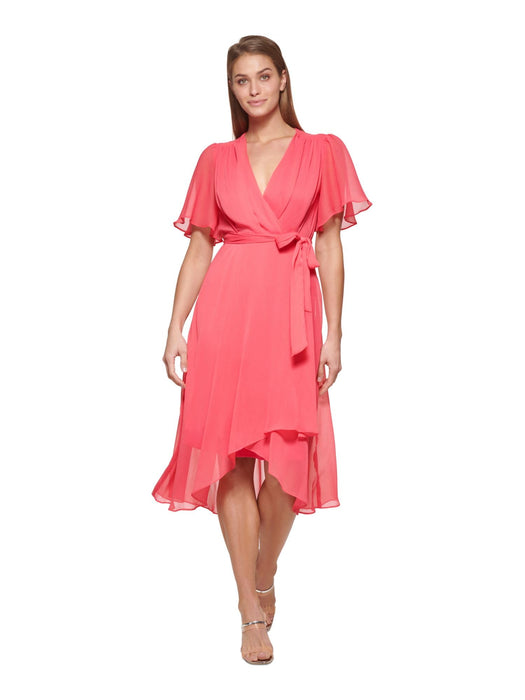 DKNY Short Sleeve Faux Wrap Belted Dress Punch 6