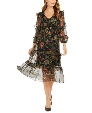 Taylor Long Sleeve Ruffle Sleeve V-Neck Tiered Long Dress Black/Cranberry 14