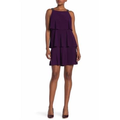 MARINA Ity 3 Tier Short Dress with Rhinestone Straps Eggplant LG