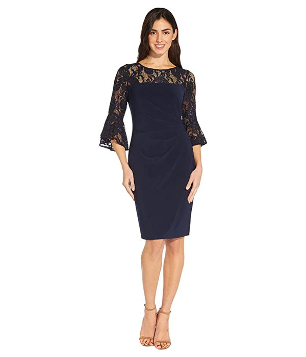 Adrianna Papell Bell Sleeve Stretch Lace and Crepe Cocktail Dress Midnight 14