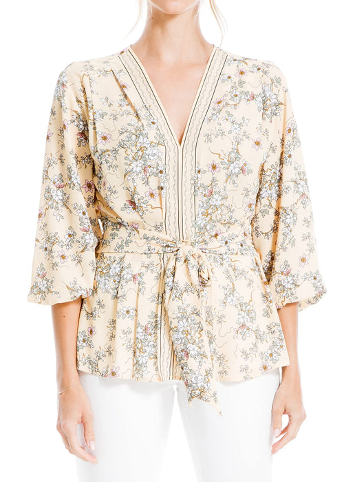 Max Studio Crepe Long Sleeve Tie Front Top Yellow Medium Climbing Jasmine XS
