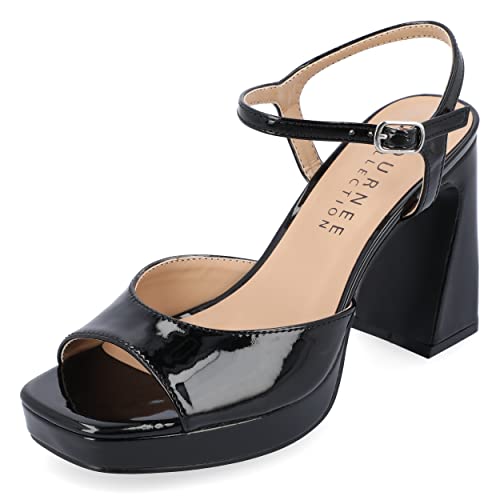 Journee Womens Ziarre Patent Vegan Leather Ankle Strap Platform Dress Sandals Black