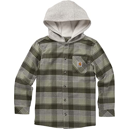 Carhartt Boys' Big Long-Sleeve Button-Front Hooded Flannel Shirt, Olive, XL (18/20)