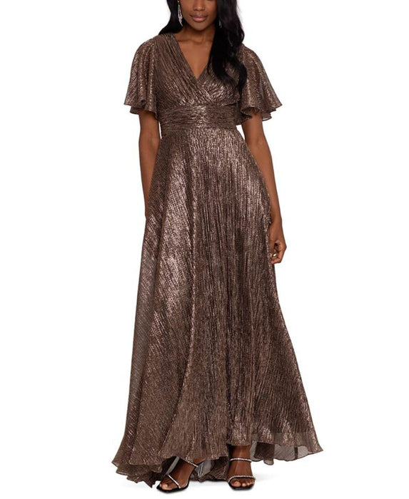 Betsy & Adam Long V-Neck Flutter Sleeve Dress Black/Gold/Silver 4