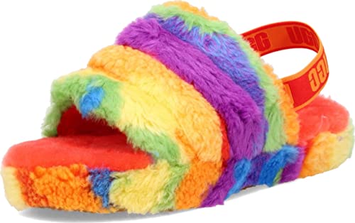 UGG Unisex-Child K Fluff Yeah Slide Cali Collage Slipper, Rainbow Stripes, 5 Big Kid US