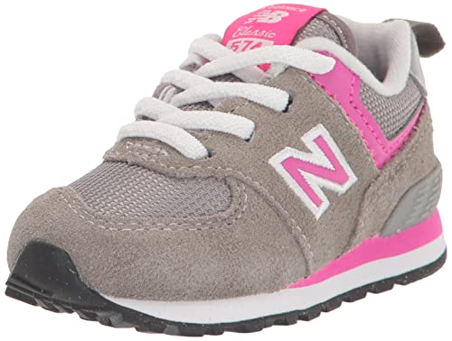 New Balance Baby Girls 574 Core Bungee Sneaker, Grey/Pink, 4 Wide Infant