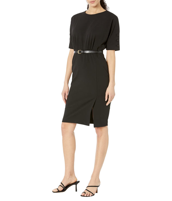 Calvin Klein Scuba Crepe Dress with Belt and Sleeve Button Detail Black 4