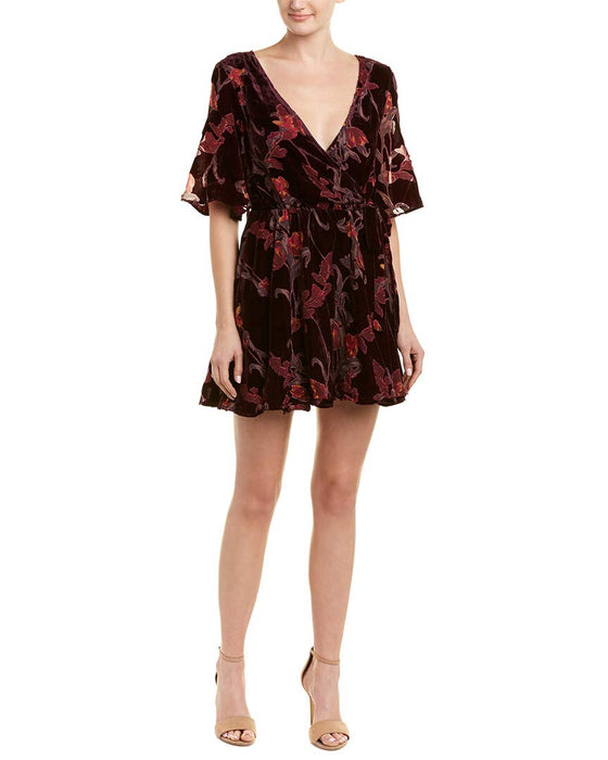 J.O.A. JUST ONE ANSWER Burnout Velvet Wrap Dress Wine Multi XS