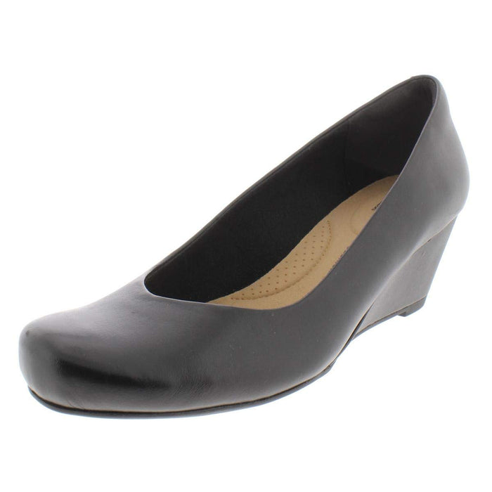 Clarks Women's Flores Wedge Pump, Black Leather, 6.5