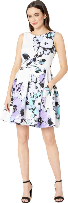 Taylor Sleeveless Floral Print Fit and Flare Dress Ivory/Lilac 2