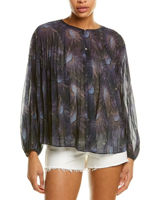 Vince Deco Floral Pleated Blouse Lazuli XS