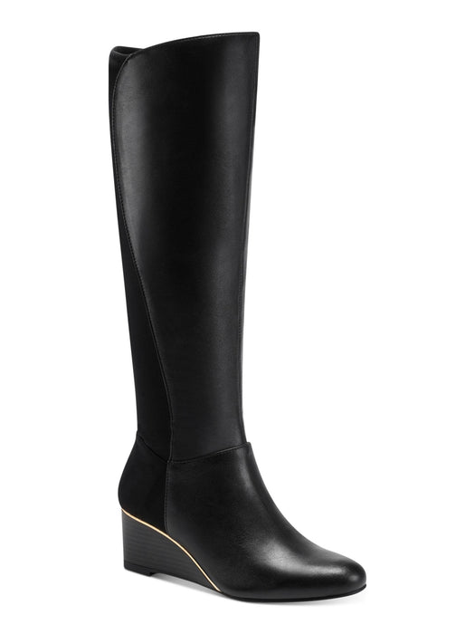 Alfani Womens' Beverly Leather Tall Wedge Zip Boots, Black, 6.5