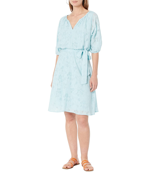 DKNY Puff Sleeve V-Neck Belted Dress Sky Blue 8