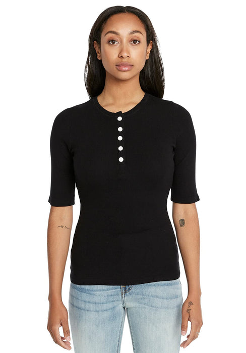 Buffalo David Bitton Paxton Snap Henley Rib Elbow Sleeve Top Black SM
