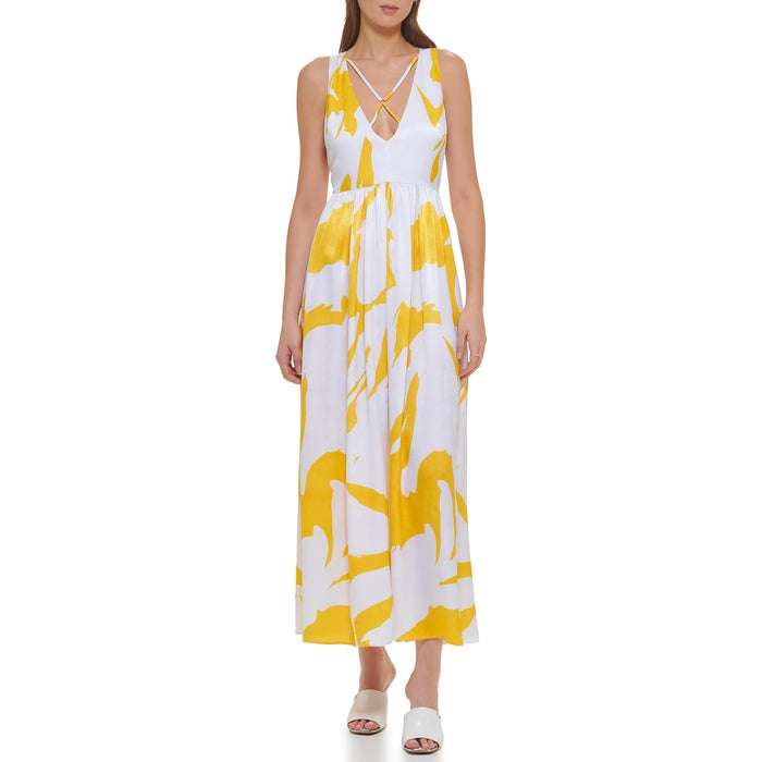 DKNY Sleeveless Printed Maxi Dress White/Pop Yellow Multi LG