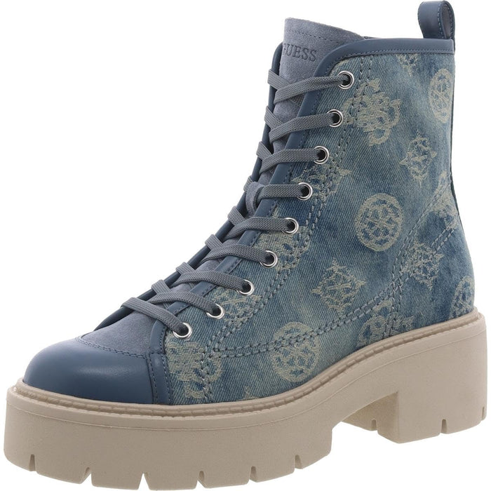 GUESS Women's Shutter Combat Boots, Blue Denim Logo, 5.5