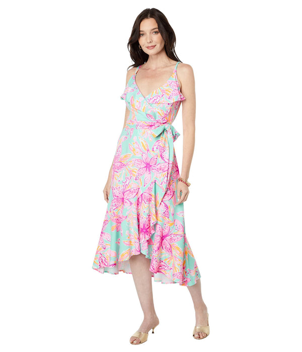 Lilly Pulitzer Fontaine Knee Length Wrap Surf Blue Bonita Blooms LG