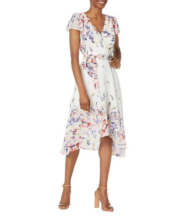 DKNY Printed Flutter Sleeve Faux Wrap Midi Dress Print 8160/Ivory/Marine Multi 4