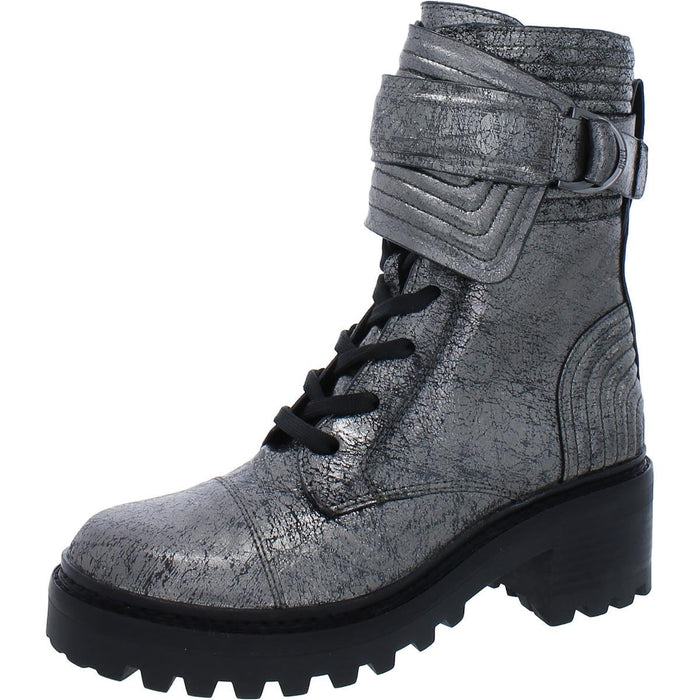 DKNY Womens Basia Leather Metallic Combat & Lace-up Boots Silver 6 Medium (B,M)