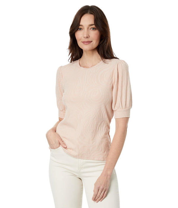 Mod-o-doc Swirl Knit Jacquard Puff 1/2 Sleeve Crew Top Pink Peach SM (US 4-6)