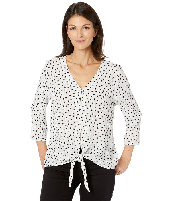 Bobeau Lucille 3/4 Sleeve Tie Front Ivory/Black Polka Dot SM