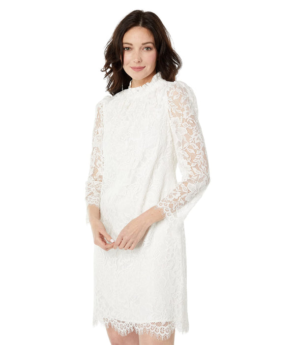 Vince Camuto Lace Ruffle Shirring Neck Shift Ivory 10