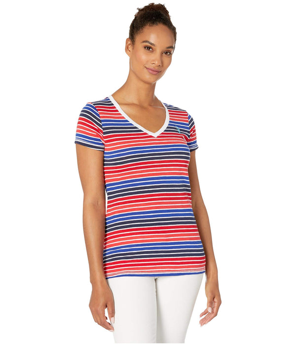 U.S. POLO ASSN. Multi Stripe V-Neck T-Shirt Tomato Check SM