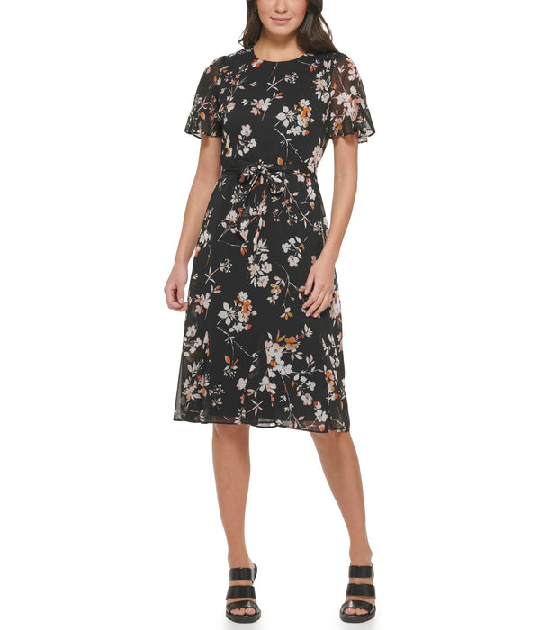 DKNY Chiffon Godet Sleeve and Skirt Black Multi 4
