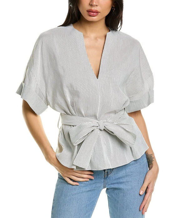 Vince Striped Cuffed Short Sleeve Rayon Linen V-Neck Blouse White/Black XS