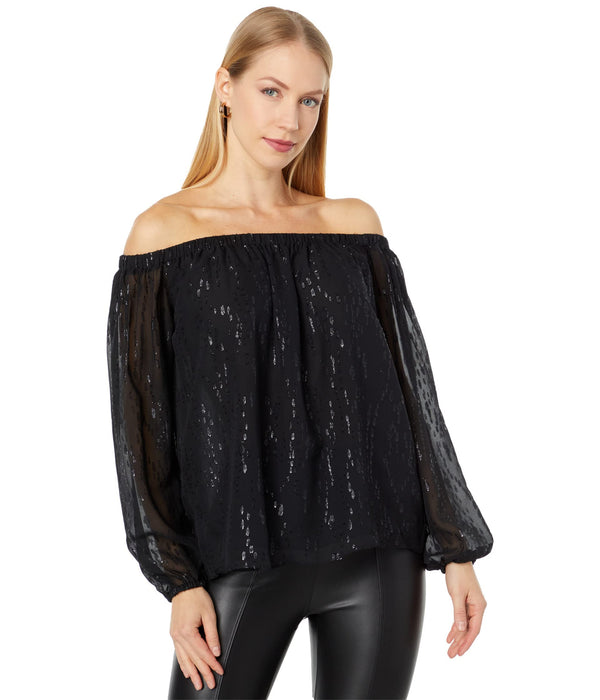 Lilly Pulitzer Emilee Long Sleeve Off-the-Shoulder Onyx Fish Clip Chiffon XXS