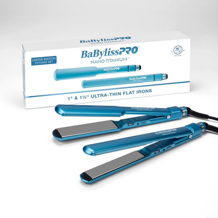 BaBylissPRO Nano Titanium Flat Iron Set, 1" & 1.5", Blue, BNTPP57UC