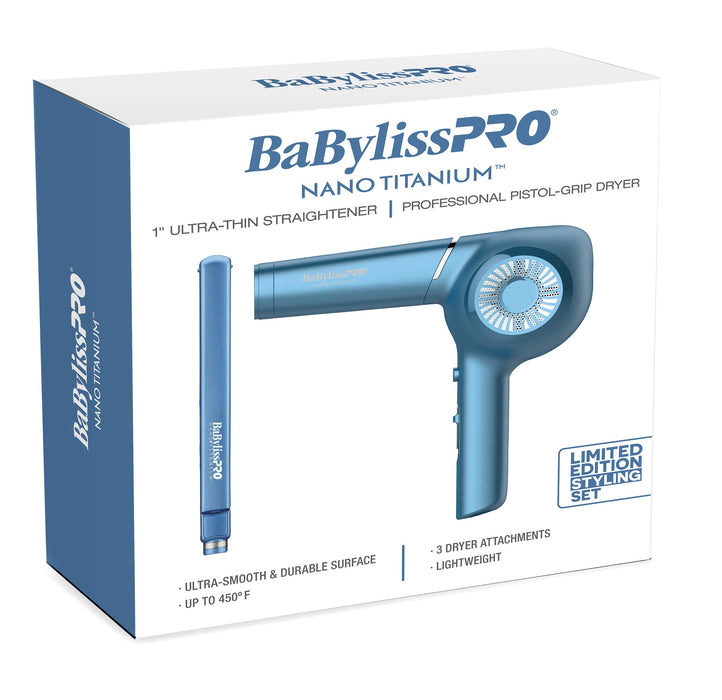 BaBylissPRO Nano Titanium Dryer & Ultra-Thin Flat Iron Set, Pistol-Grip