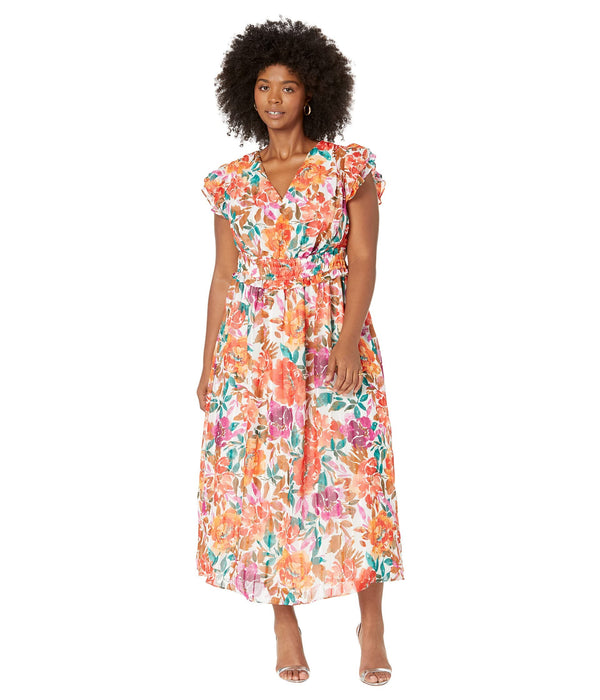 Maggy London Plus Size Maxi with Ruffle Sleeves Soft White/Coral 24W