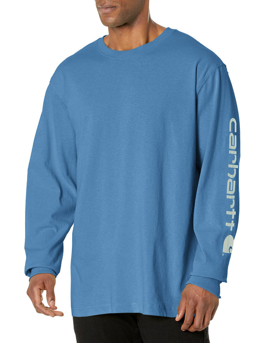 CarharttmensLoose Fit Heavyweight Long-Sleeve Logo Sleeve Graphic T-ShirtBlue Lagoon HeatherX-Large