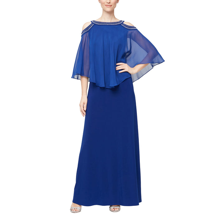 Alex Evenings Long Chiffon Cold-Shoulder Popover Dress Dark Royal 10