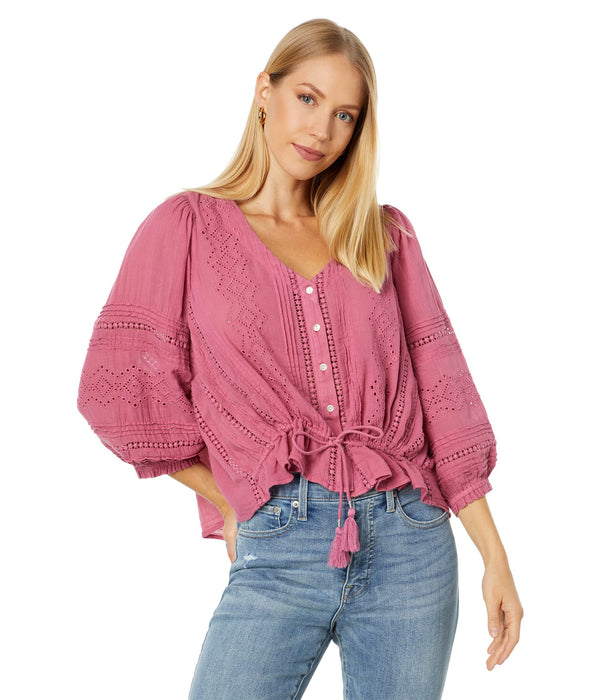 Lucky Brand Short Sleeve Eyelet Top Heather Rose XS (US 0-2)