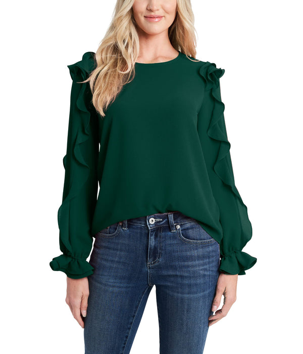 CeCe Long Sleeve Blouse with Ruffle Sleeve Detail Alpine Green MD