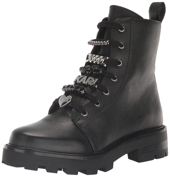 Karl Lagerfeld Paris Women's Everyday Cold Weather Mela-Combat Boot, Black/White, 5