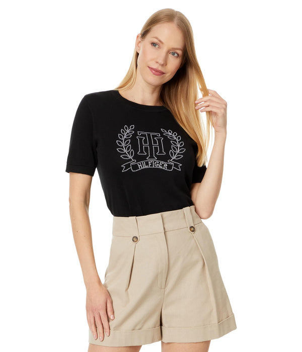 Tommy Hilfiger Womens Short Sleeve Hotfix Crest Sweater Black Medium