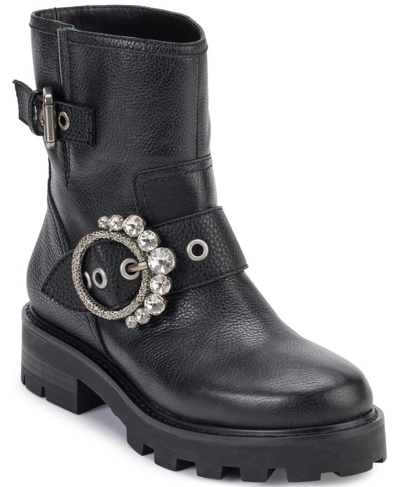 KARL LAGERFELD PARIS Women's Lug-Sole Marceau Combat Boot with Crystal Detail Fashion, Black, 9.5