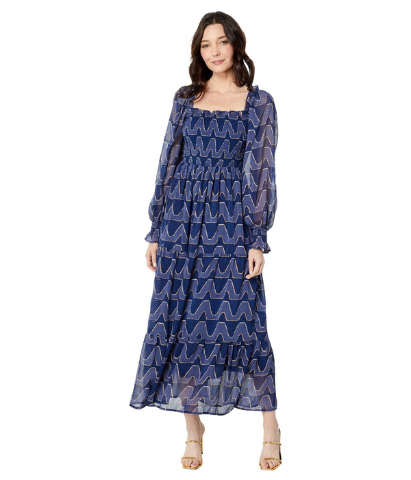 MOON RIVER Textured Smocked Midi Dress Navy MD