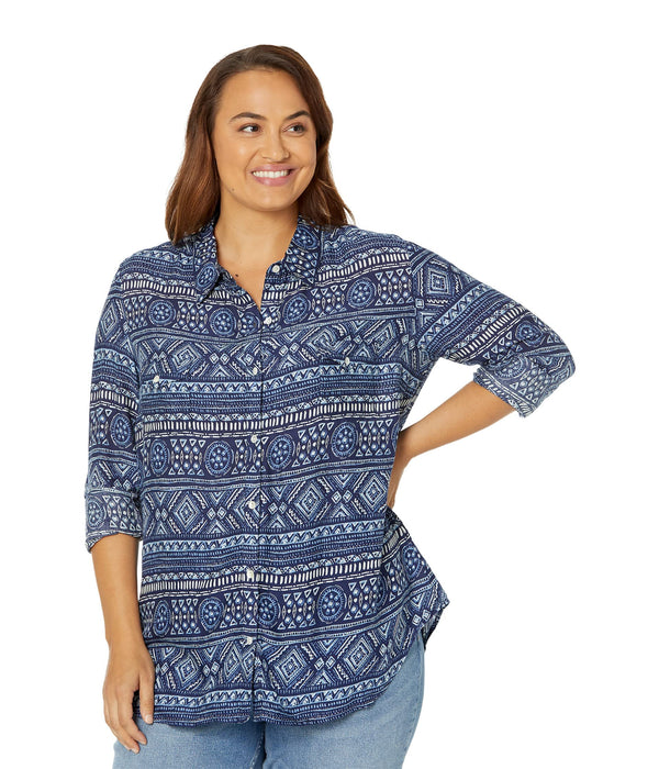 Roper Rayon Button-Down Blouse w/Indigo Tribal Print Blue SM