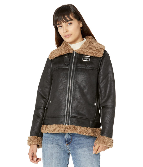 Sam Edelman Short Aviator with Shearling Detail Black/Tan LG (US 12-14)